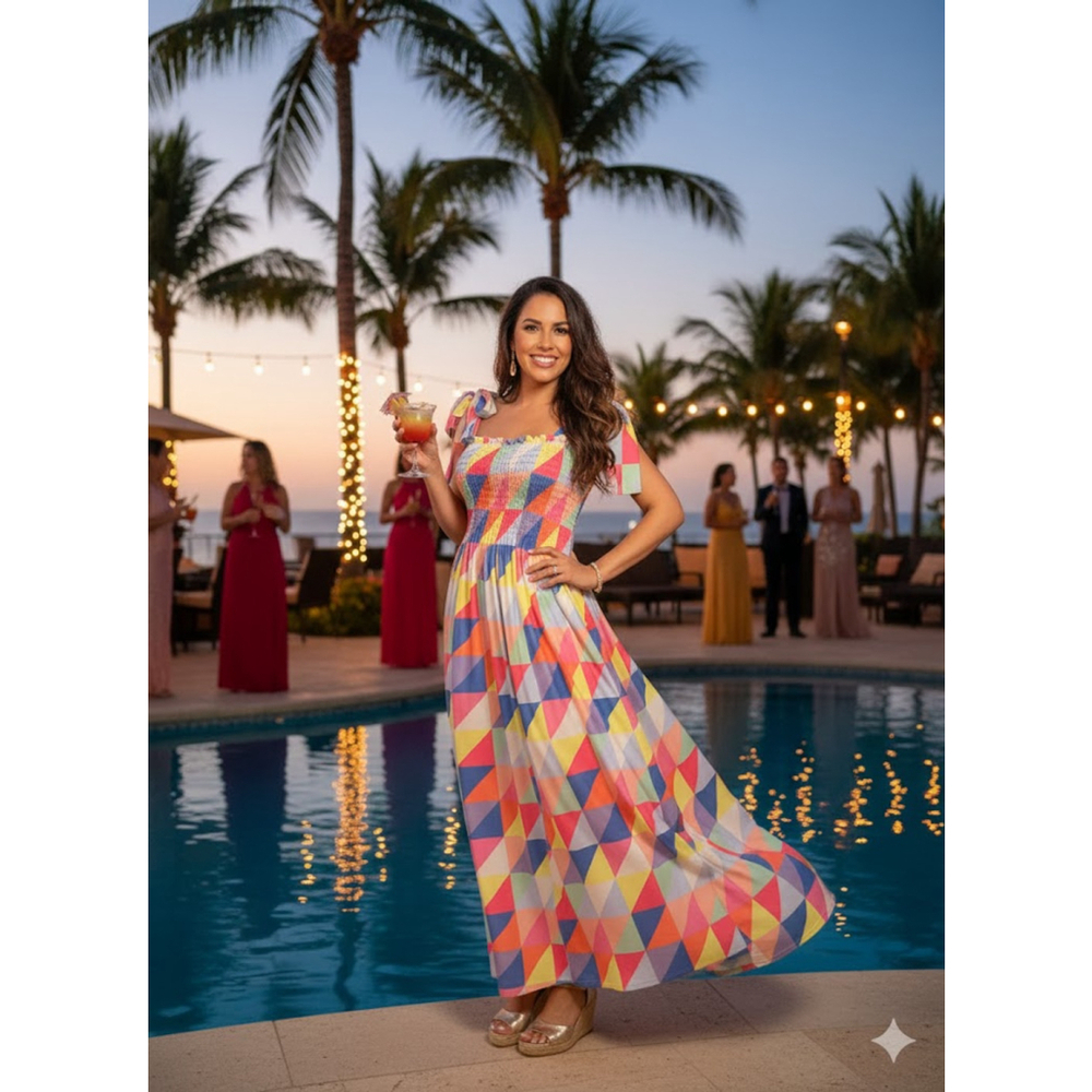 BIBI Colorful Geometric Print Smocked Maxi Dress M/L